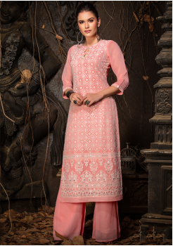 Pink Color Designer Georgette Straight Cut Kurti